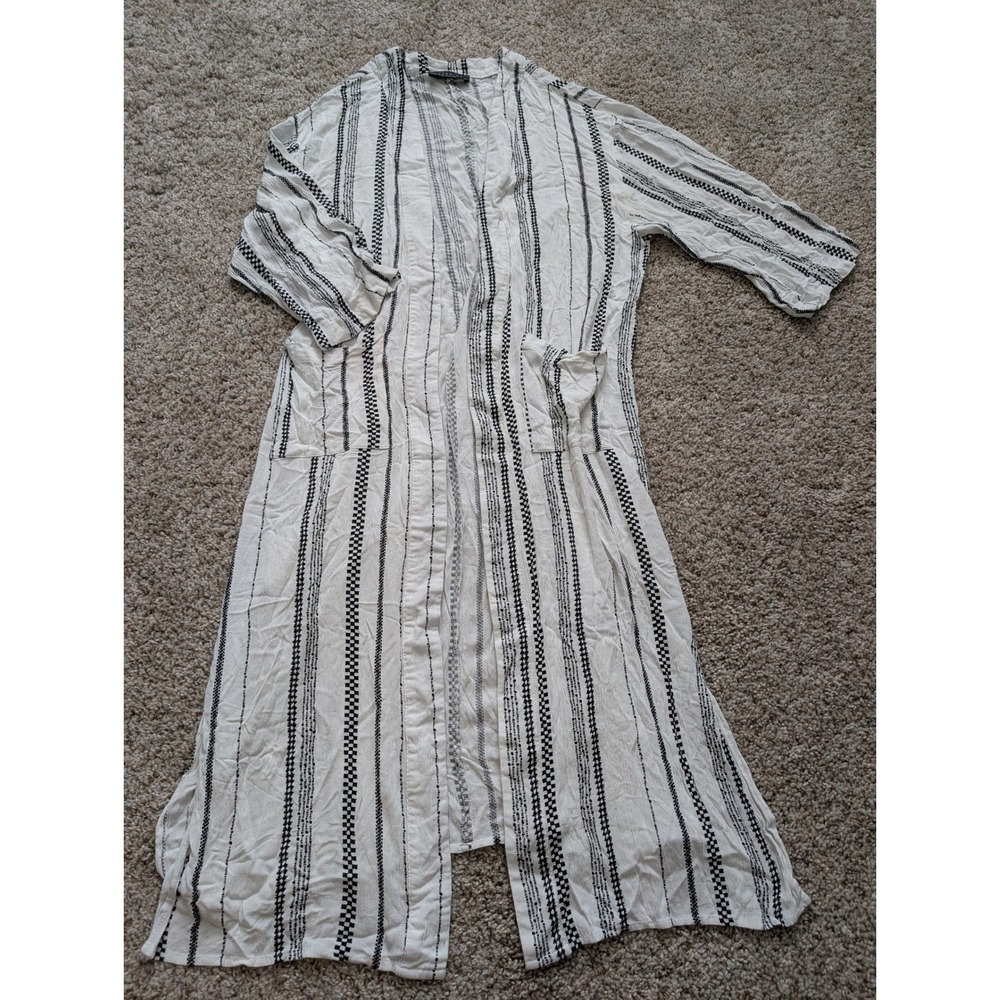 Maverick The Collection White Black Striped Duster Cardigan Rayon Small Boho